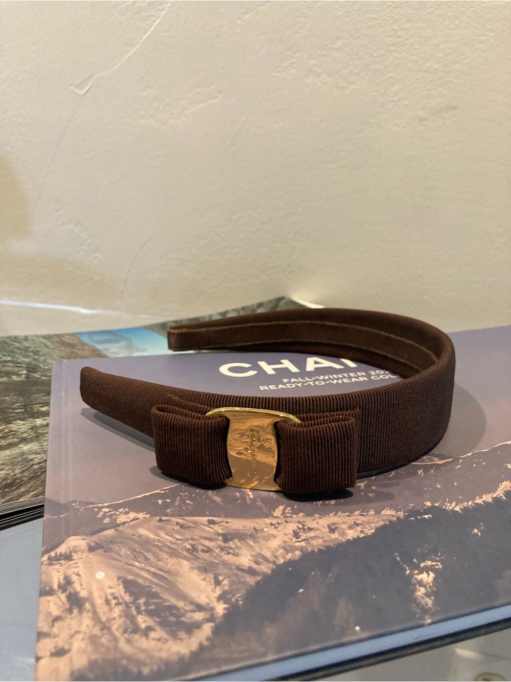 Salvatore Ferragamo Brown Grosgrain Headband with Gold Logo Plaque